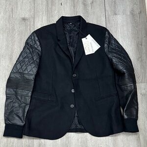 Neil Barrett Black Biker wool blazer jacket with black quilted leather sleeves